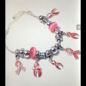 Silver Pink Ribbon Awareness Euro Bead Bracelet